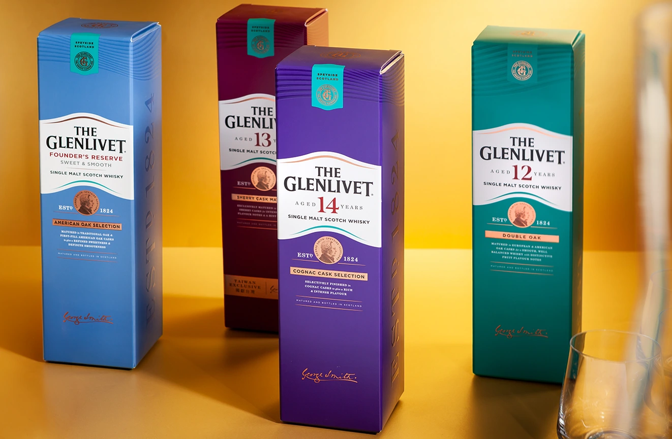 The Glenlivet packaging by Beamglow Colour photo showcasing the range of three foil 'The Glenlivet' Cartons produced by Beamglow.